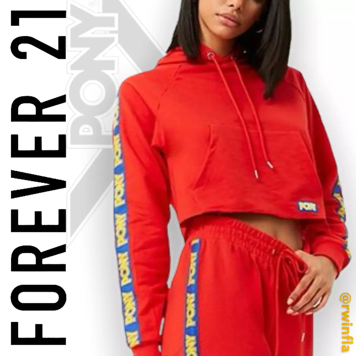 Forever 21 x Pony Cropped Hoodie Retro Sweatshirt Red Small EUC eBay