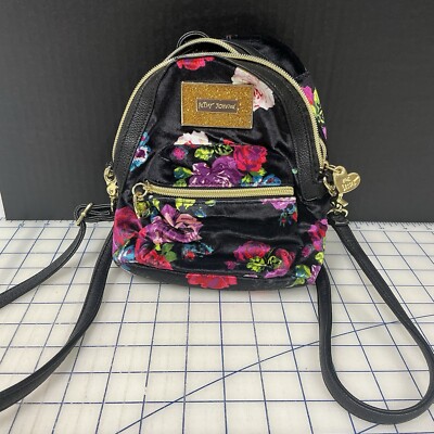  Betsey Johnson Black Velvet Flower Print  Mini backpack Purse Fully Lined Small
