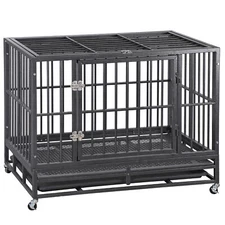 38" Metal Dog Crate Folding Dog Kennel Heavy Duty Dog Cage w/Wheels & Tray Black