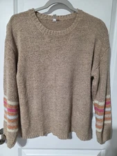 Wishlist Beige With Orange Pink Stripe Arms Knit Pullover Sweater Women's Size M