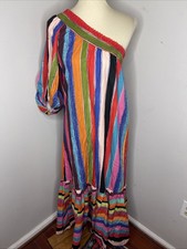 Farm Rio One Shoulder Multi-color Stripe Maxi Dress Medium M