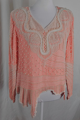 Eves Allure Vintage Womens Elegant Pink Top Lined Pearl Beading Pure Silk Small