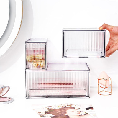 Clear Stackable Makeup Organizer, 3 Pack Plastic Drawer Storage with Handle f...