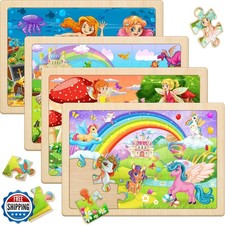 Wooden Puzzles for Kids Ages 4-6, 4 Pack with 24 Pieces Unicorn, Mermaid, Pri