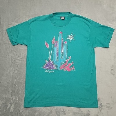 Vintage Arizona Shirt Mens XL Green Cactus Cowboy Aztec Tourist Made in USA TEE