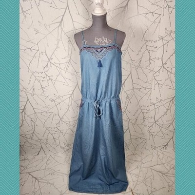 Promod Blue Chambray Beaded Strappy Maxi Dress w/ Pockets | Women's 12