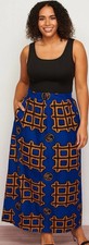D’IYANU African Print Maxi Skirt Women XL Pockets Orange & Blue Cotton USA Made