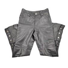 Harley Davidson Womens Black Leather Distressed Paint Splatter Moto Pants Size 6