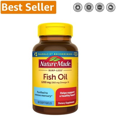 1200 mg Burp Less Omega 3 Fish Oil Softgels for Heart & Brain Health - 60 Count