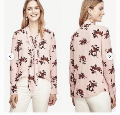 Ann Taylor Blush Pink Tie-Neck Blouse Brown jungle cat, leopard, chiffon, EUC M