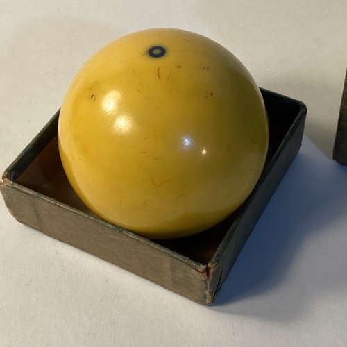 Vintage Bakelite Cue Ball 2 1/4 W/Box Blue Dot Butterscotch