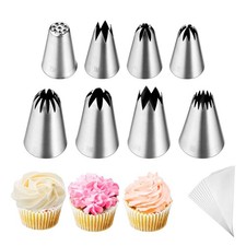 Large Cake Deco Tips, 8Pcs Icing Nozzles, 10 Pastry Bags, Silver
