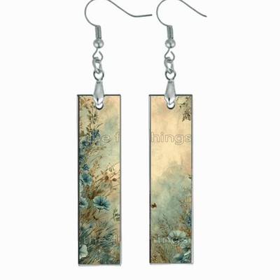 Blue Wildflowers Dangle Bar Earrings Wood Handcrafted Floral Jewelry Gifts
