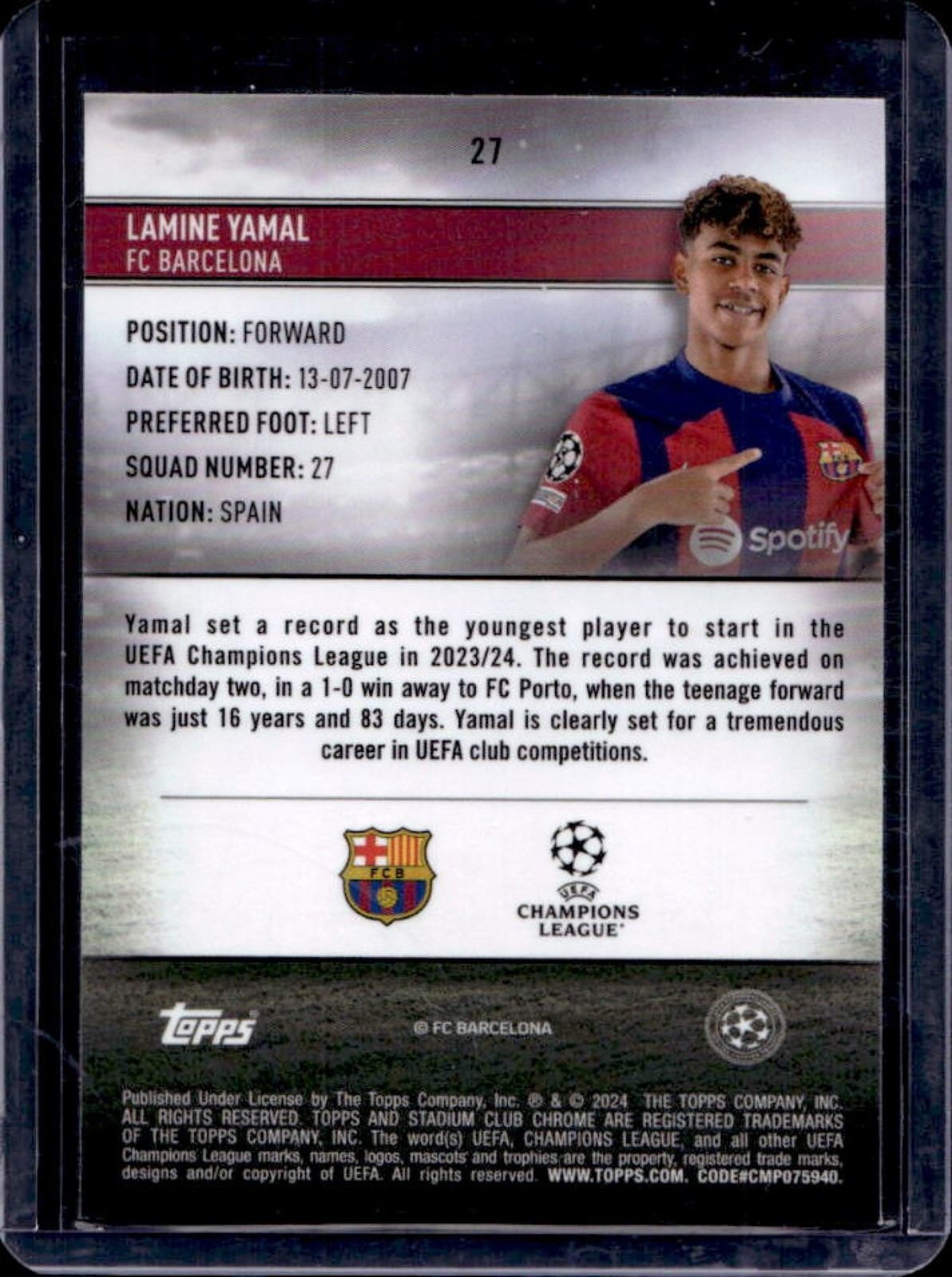2023-24 Topps Stadium Club Chrome UEFA Lamine Yamal RC Rookie #27 Barcelona view 2
