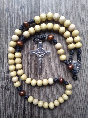 Catholic Paracord  Rosary w/ ST BENEDICT Crucifix & Medal, TAN color