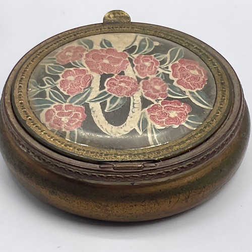 Antique Compact With Mirror Round Purse Size Ladies Makeup Trinket Box Floral - Afbeelding 11 van 15