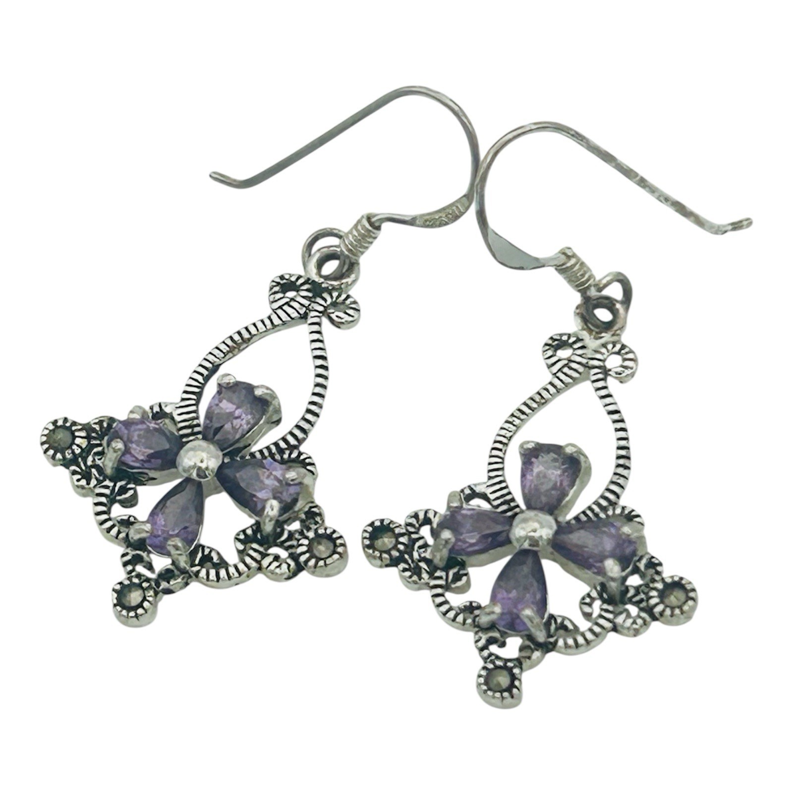Solid 925 Sterling Silver Amethyst Flower Drop Ea… - image 1