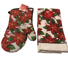 Oven Mitt & Kitchen Towel Set Red Gold Poinsettias Holiday Christmas Cotton