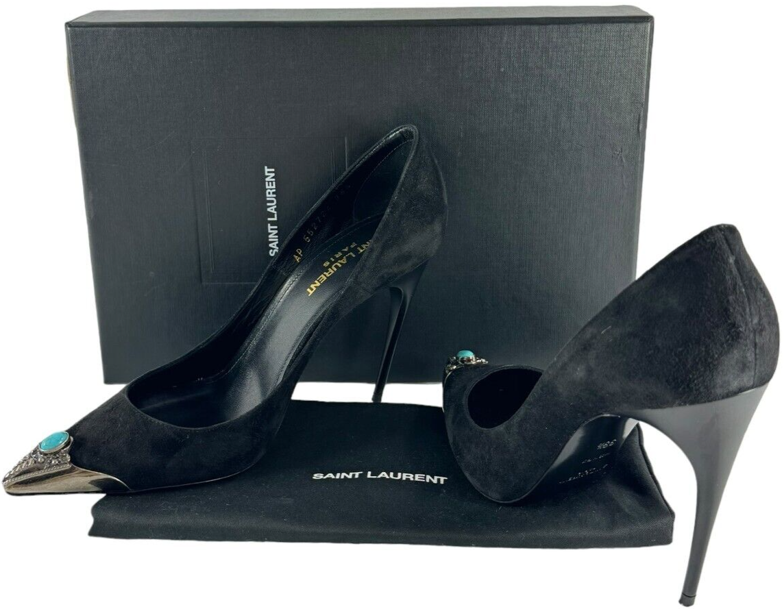 SAINT LAURENT Black Suede Zoe Metal Turquoise Cap Toe Pumps SAINT LAURENT Black Suede Zoe Metal Turquoise Cap Toe Pumps