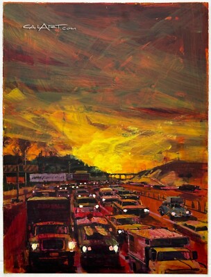 VINTAGE 1960s CaLiFoRnia Freeway Scene Painting MODERNIST URBAN CARS TRUCKS