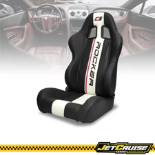 Universal Reclinable Racing Seat Left Dual Slider Black PU Leather White Stripe