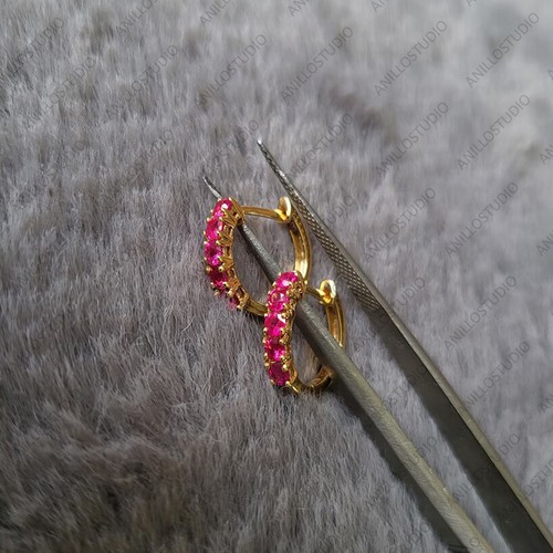 Natural Ruby, Emerald Mini Hoops Earrings 14k Solid Gold Cartilage Hoop Earrings - Picture 7 of 8
