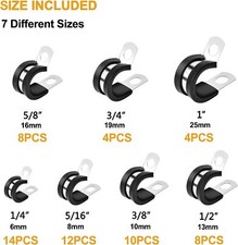 60PCS Stainless Steel Cable Clamps Rubber Cushioned Insulated Pipe Clamp R-type 