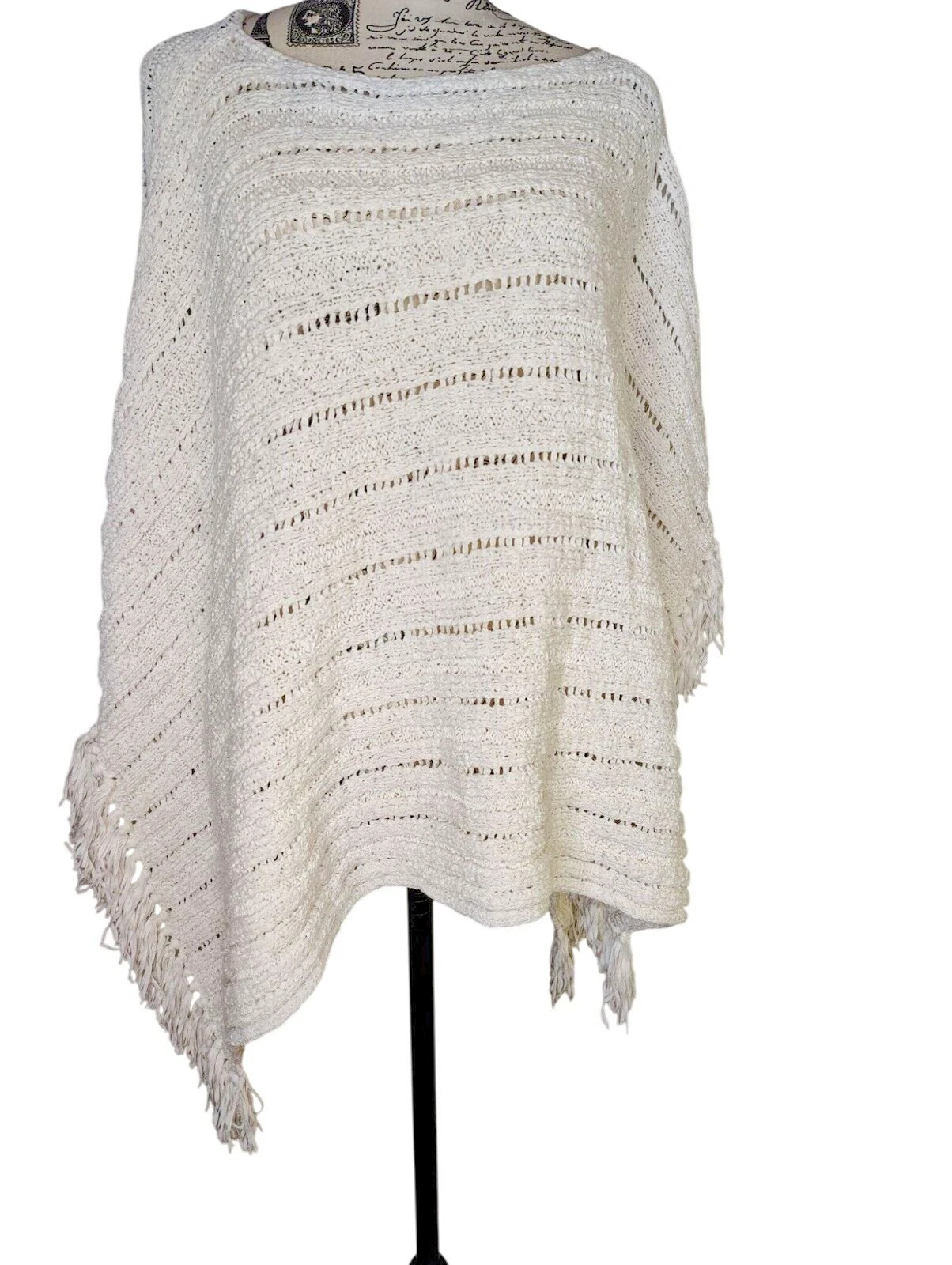 Lauren Ralph Lauren L/XL White Open Knit Poncho Sweater, Fringe Boho Layering