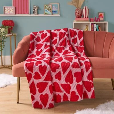 OHS Waffle Fleece Throw Bed Sofa Love Heart Warm Supersoft Popcorn Travel Blanket