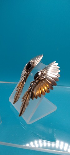 Vintage Southwestern Sterling Silver Onyx Earrings with Dangling Feather, 2"long - Picture 2 of 6