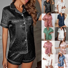 2PCS Womens Satin Silk Pajamas Short Sleeve Shirts Tops Shorts Nightwear Set US