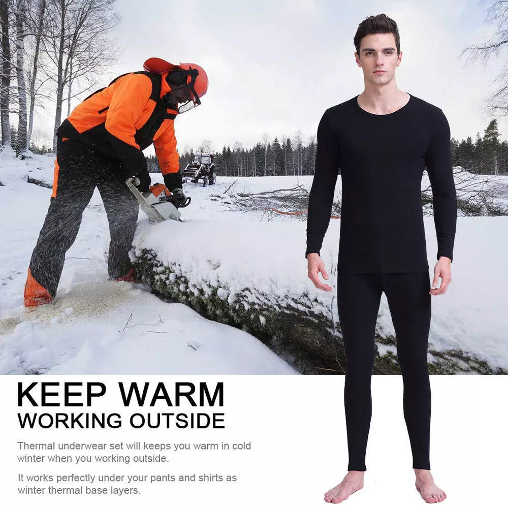 Men Thermal Underwear Set Fleece Lined Long Johns Winter Base Layer Top &  Bottom