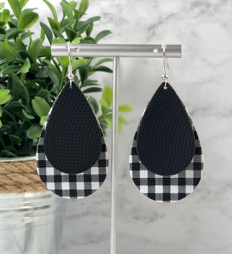 Faux Vegan Leather White Black Buffalo Plaid Teardrop Dangle Earrings Checkered - Picture 1 of 7