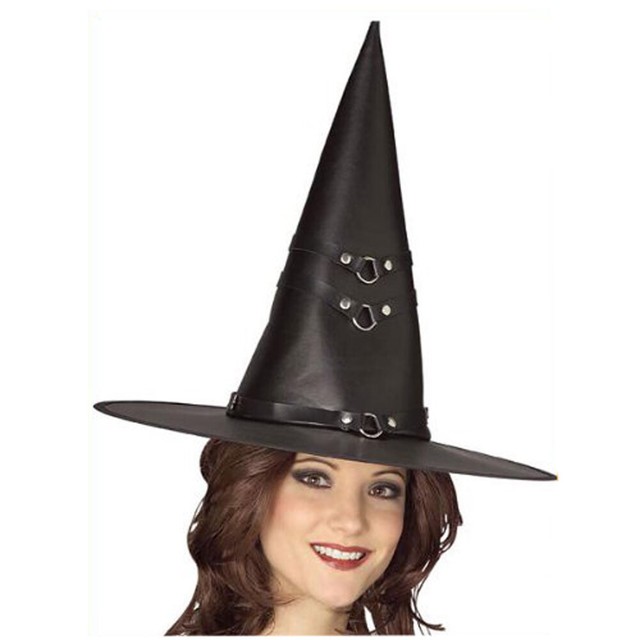Black Vinyl Witch Hat Leather Like Material Adult Womens Halloween