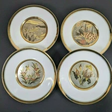 Chokin Plates Vintage Gold Tone Images 7.75" Wide Set of 4 Birds Flowers Peacock