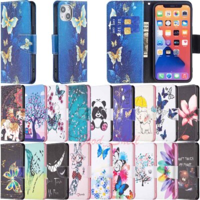 For iPhone 15 Pro Max 14 13 12 Patterned Wallet Card Holder Leather Case Cover