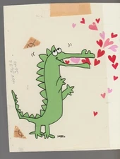 VALENTINES Cartoon Alligator with Hearts 5.25x6.5" Greeting Card Art #V3640