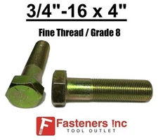 3/4-16 x 4" (PT) Hex Bolt Yellow Zinc Plated Grade 8 Cap Screw Fine Thread