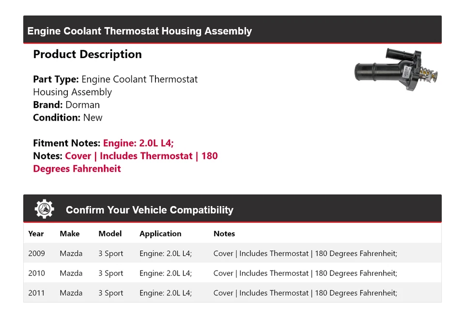 Conjunto de carcasa termostato Dorman 2010 para Mazda 3 Sport 2,0 L L4 2009-2011 Foto 2 de 4