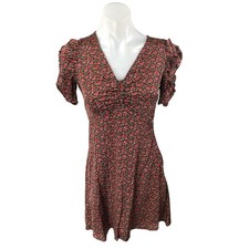 Gap Multicolor Floral Short Puff Sleeve V Neck Ruched Mini Skater Dress Size XXS