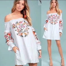Free People Women's Light Blue Fleur Du Jour Embroidered Mini Dress Size M