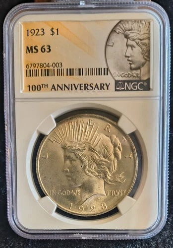 1923  SILVER PEACE DOLLAR 100TH ANNIVERSARY LABEL CHOICE NGC MS63