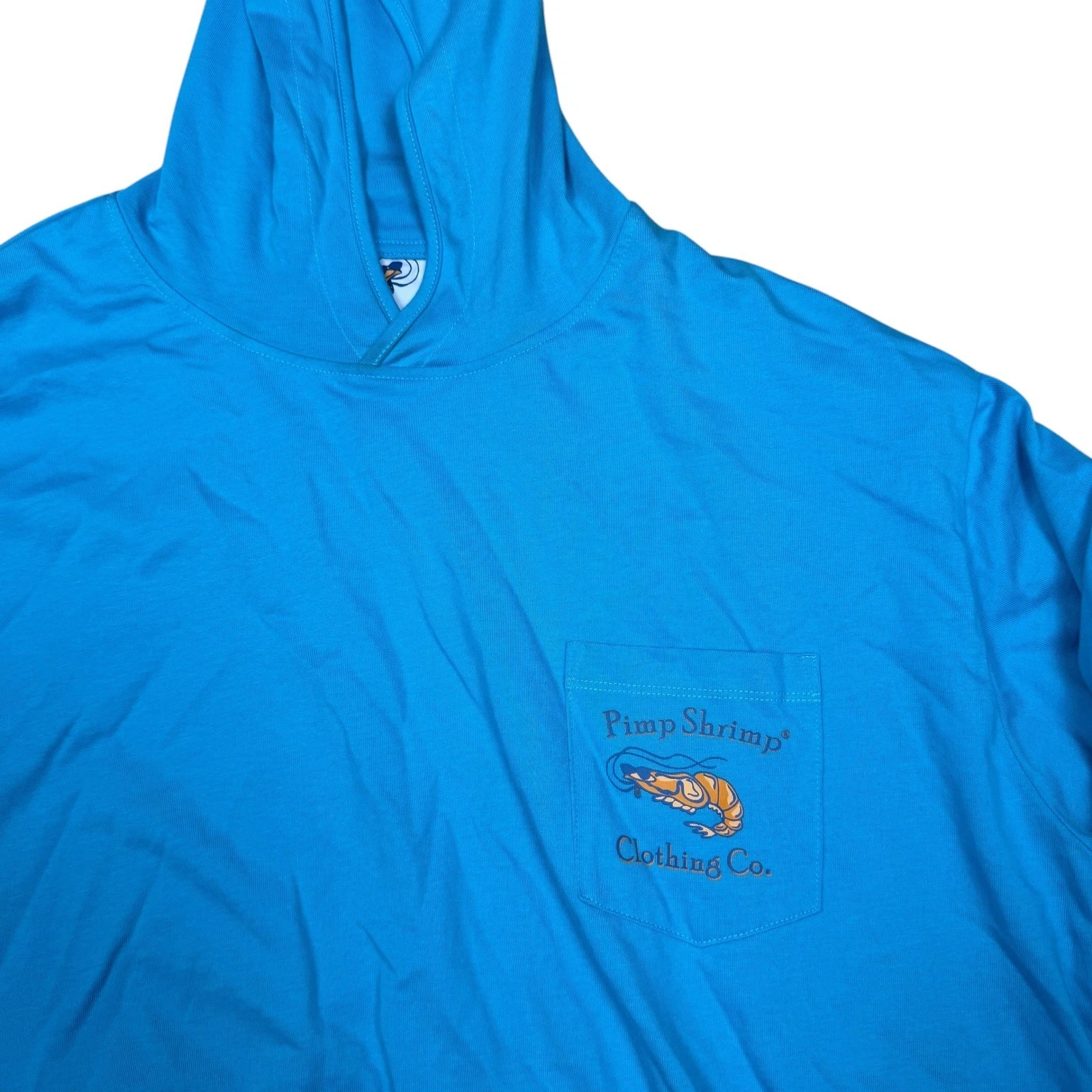 Pimp Shrimp Clothing Co Mens Blue Performance Hooded Shirt XL Graphic Pocket Tee