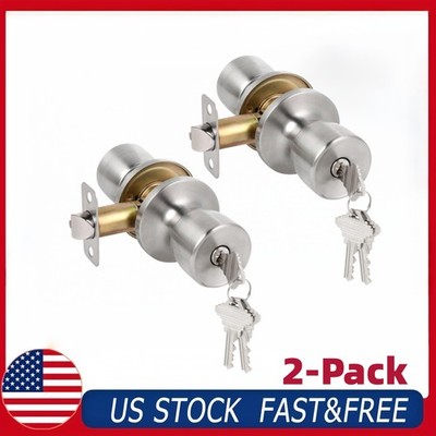 Keyed Entry Door Knob Satin Nickel Lock with Key Exterior Interior ANSI Grade 3