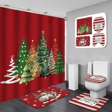 4 Pcs Christmas Shower Curtain Set Bathroom Non Slip Rugs Toilet Lid Fresh