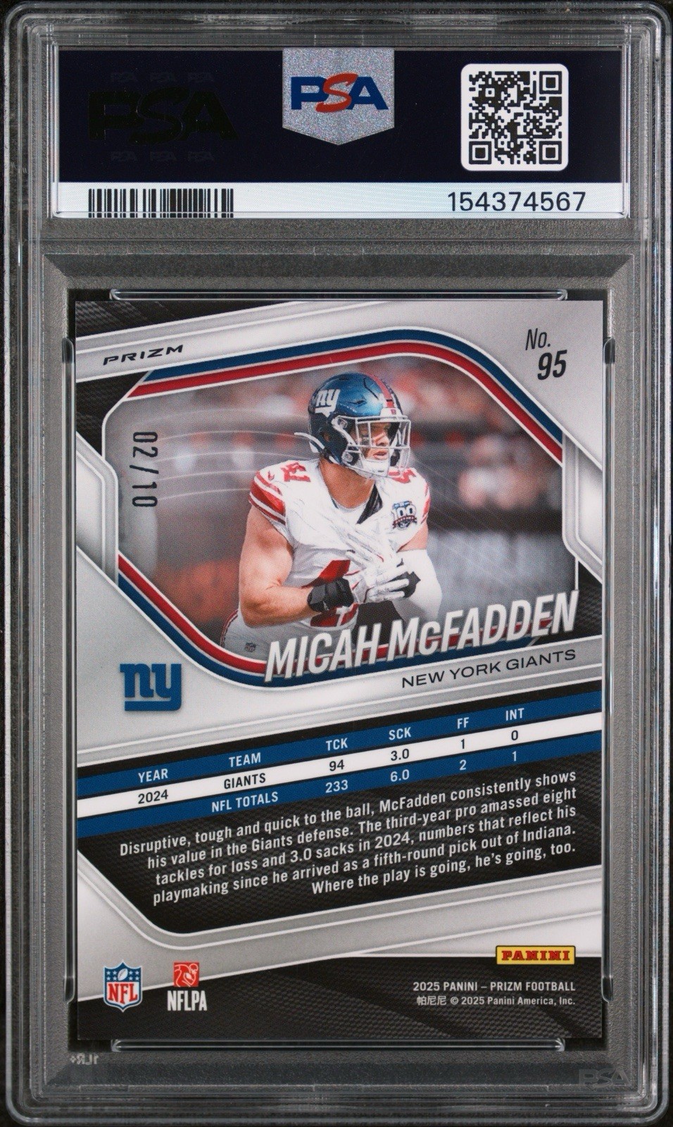 2025 Panini Prizm Micah McFadden Gold /10 PSA 9 Giants view 2