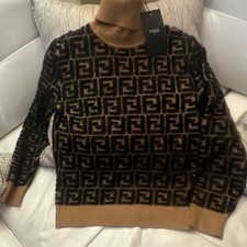 Fendi Black Brown Logo Knit Turtleneck Pullover Sweater Long Sleeve Women S