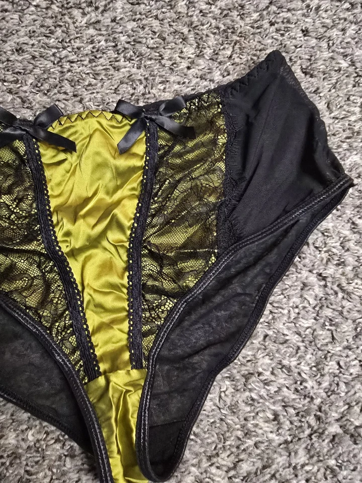 Braguita de satén brillante de encaje oro amarillo transparente bikini talla XL Foto 3 de 4