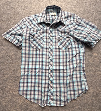 Wrangler Mens Sz L Large Short Sleeve Dress Shirt Teal Plaid Button Pearl Snap