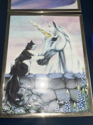 VTG Sue Dawe Mystical Unicorn Cat Flowers Brick Wall 80’s Fantasy Art